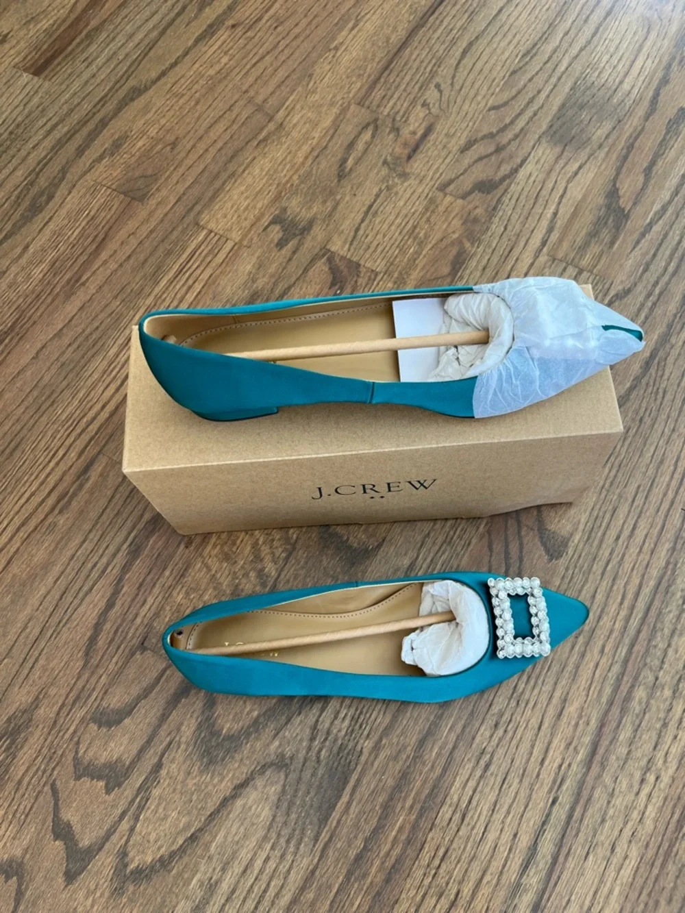 J. Crew Teal Satin Pointed Flats with Pearl-Embellished Buckle